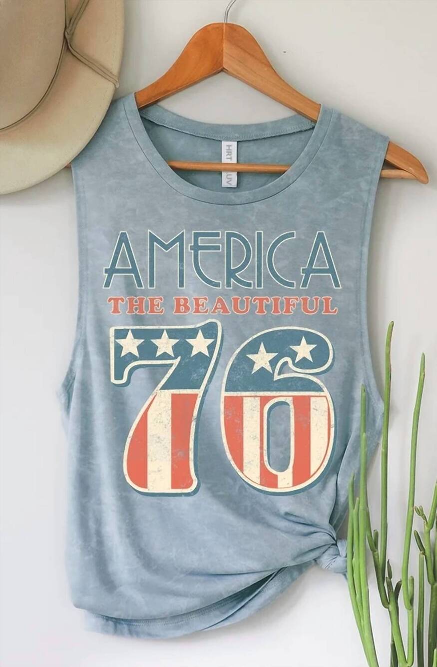 NEW HRT & LUV women's america 76 graphic tank top in mineral vintage blue